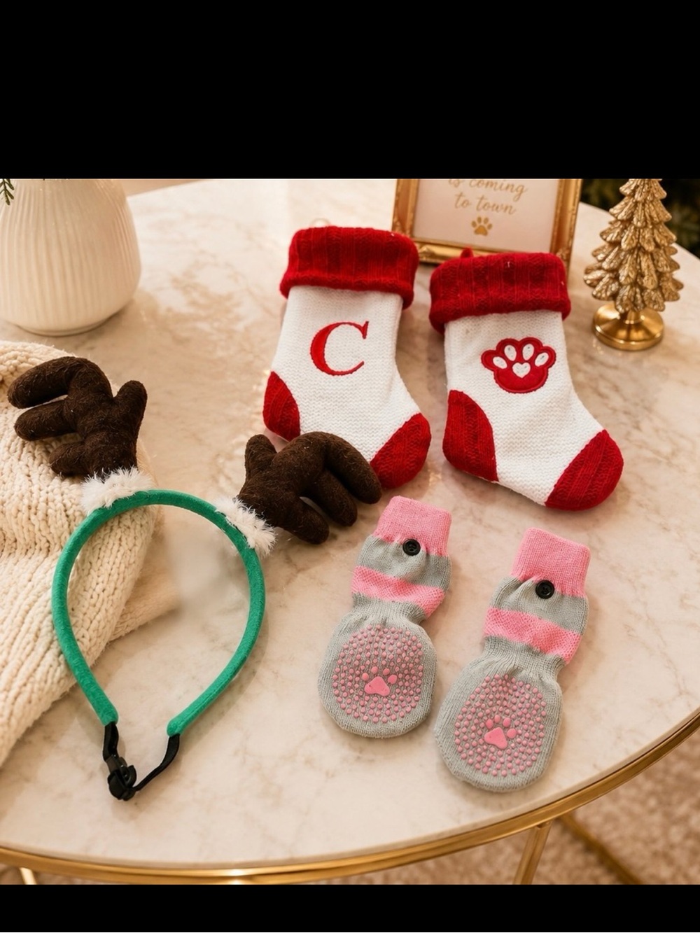 Brand new dog socks.   Dog Christmas stockings.  Dog ear antlers. 5 piece set